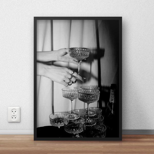 Champagne Glasses Poster, Bar Cart Art, Bar Pub Black and White Wall Art, Vintage Print, Photography Prints, Wall Decor, Alcohol Wall Art