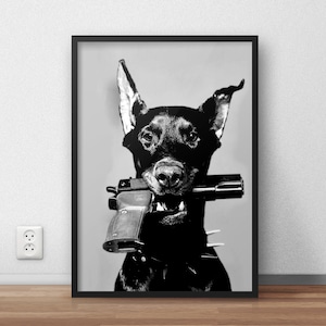 Cartel de pistola Doberman, blanco y negro, fotografía de moda, decoración de pared de lujo, regalos Doberman, arte de pared para perros, decoración del hogar, arte de pared imprimible