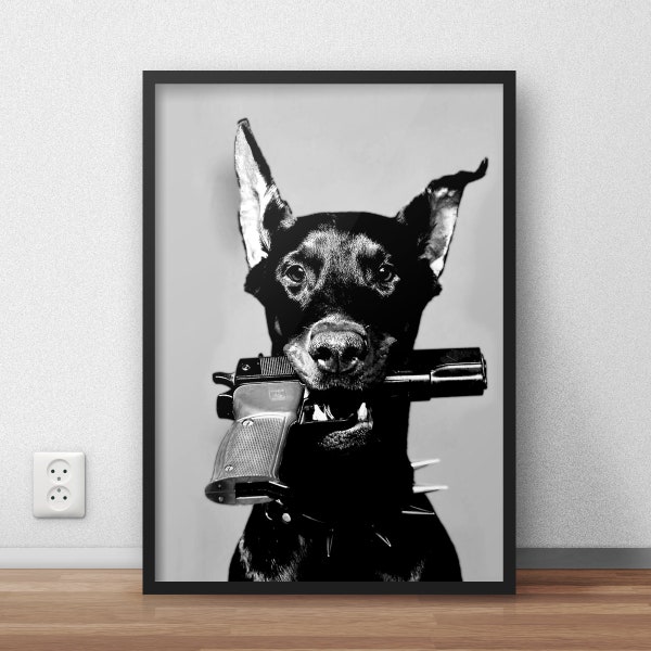 Affiche Doberman Gun, noir et blanc, photographie de mode, décoration murale de luxe, cadeaux Doberman, art mural pour chien, décoration intérieure, art mural imprimable