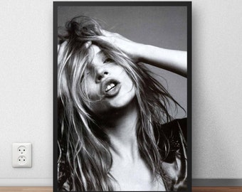 Impression de mode vintage Kate Moss, photographie de mannequin noir et blanc, affiche d'art mural des années 90