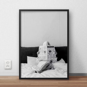 Woman Reading Fashion Newspaper Print: Minimalist Black and White Art (Digital Download)
