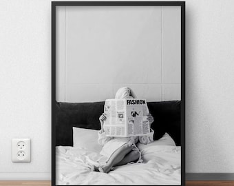 Woman Reading Fashion Newspaper Print: Minimalist Black and White Art (Digital Download)