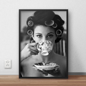 Vintage Woman Drinking Coffee Print: Black and White Kitchen Wall Art (Digital Download)