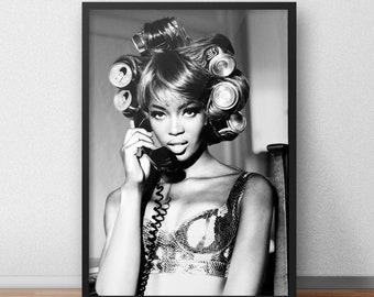 Naomi Campbell Print, Vintage Black and White Fashion Photography, 90s Supermodel Wall Art