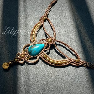 Natural Turquoise Macrame Necklace with Brass Beads – Boho Handmade Pendant