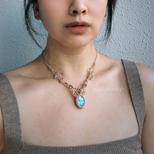 Macrame Necklace with larimar and clear Crystal Beads – Handmade Boho Tribal Jewelry