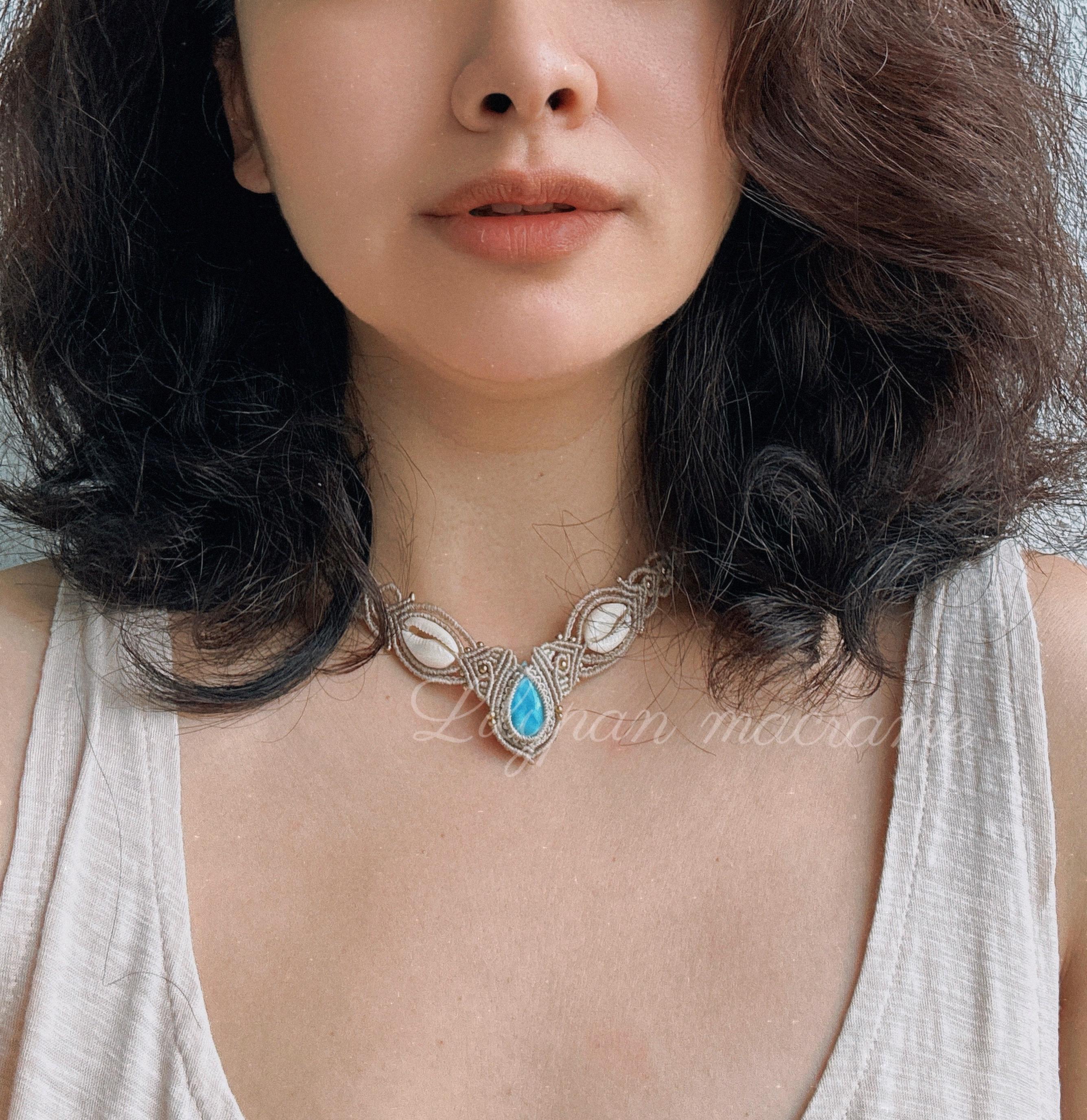 Macrame Larimar Shell Choker Necklace – Handmade Beach Jewelry 