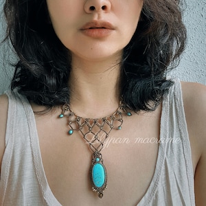 Handmade Macrame Necklace with Turquoise and Brass Beads