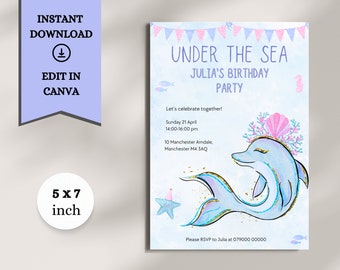 Under the Sea Birthday Invitation, Dolphin Invitation, Sea Life Invitation, Digital Printable Template, Ocean Life, Editable Invite