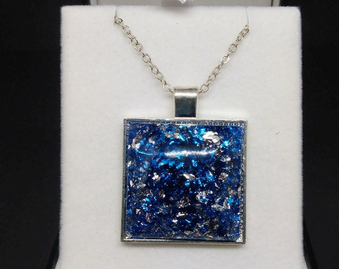 Handmade Arctic Foil Resin Necklace Blue and Silver Square Resin Pendant Jewellery