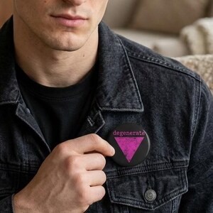 Degenerate Pink Triangle Bold Statement Design pin button | Pin Buttons, Pride Badge
