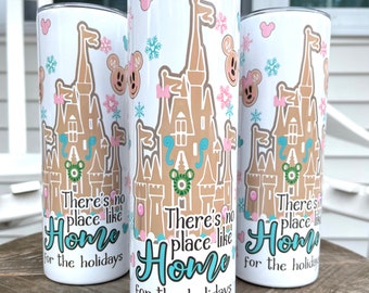 There’s no place like home for the holidays, 20oz skinny tumbler with lid & straw, gingerbread, Christmas, Christmas cookies, castle,