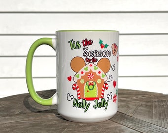 It’s the season to be holly jolly , 15oz mug, gingerbread, reindeer, Santa, green, Christmas lights, polkadots, cookies, mouse,