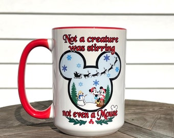 Not a creature was stirring not even a mouse 15oz ceramic mug, snow globe, Christmas, hot cocoa, cute, red, mouse, cookies, mug, snowman