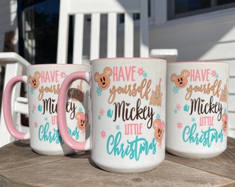 Have yourself a Mick little Christmas, 15oz mug, gingerbread, gingerbread men, minni, micky, Santa, pink, castle, Christmas cookies