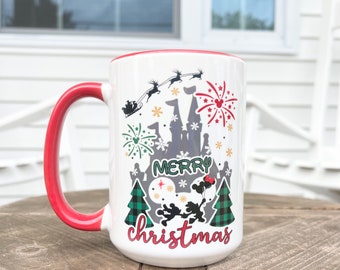 Merry Christmas, 15oz mug, Minnie, mickey, castle, fire works, Santa, Christmas tree, snow flakes, castle, I'll be home, lights