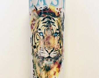 Easy Tiger tumbler, 20oz skinny tumbler with lid and straw, tiger, teal eyes, cute, funny, strong, water color tiger, gift