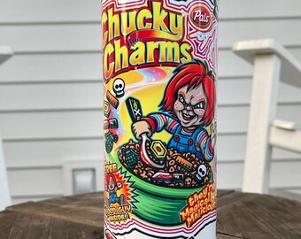 Chucky Charms tumbler, 20oz skinny tumbler with lid and straw, Halloween, horror movies, Chucky, scary,horror, lucky charm