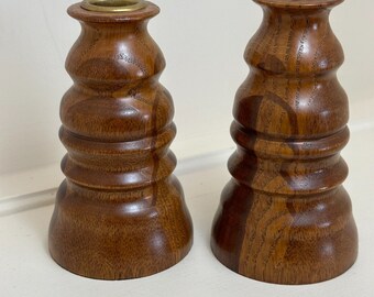 Vintage Set of 2 Brown Inlay Wooden Candle Stick Holders Home Decoration 5 Inch Late Century Medieval