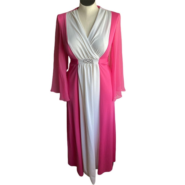 Vintage 70's Pink and White Evening Gown with attached belt, embellishment, organza butterfly sleeves