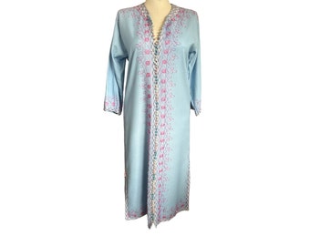 Exquisite, handmade, vintage caftan with detailed embroidery and fabric buttons down the full length