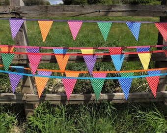 Bright Rainbow Spot Fabric Bunting, Indoor/ Outdoor, Festival Garland, Double Sided Flags, 2, 3, 4, 5 or 10m, Playroom, Bedroom, Camping