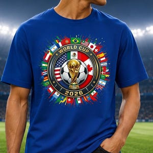 May include: A blue t-shirt featuring a World Cup 2026 design. The graphic includes a soccer ball, a golden trophy, and flags of various nations. The shirt is worn by a person standing on a soccer field.
