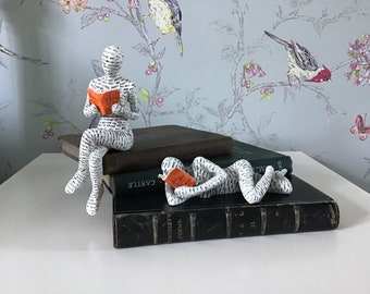 2 x READING ORNAMENTS - New - Two Woman Figurines - Book People - Reading Women - Book Shelf Ornaments - Shelf Sitter - Book Worm - Gift