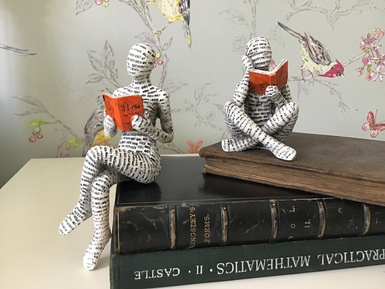 2 x READING ORNAMENTS New Two Woman Figurines Book People Reading Women Shelf Ornament Shelf Sitter Book Worm Boxed Gift image 1