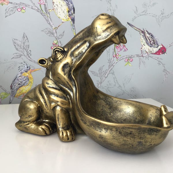 HIPPO STORAGE ORNAMENT - Trinket box - Bowl - Big Mouth - Home Decor - Figurine - Book Shelf - Antique Gold Finish - Birthday - Gift - Boxed