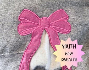 youth bow sweater, embroidered bow sweater, viral sweater with bow, kids glitter bow sweater