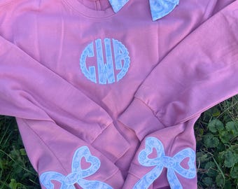monogram kids sweater, scallop monogram, girls bow sweater, sweater with matching bow, girls monogram embroidered sweater