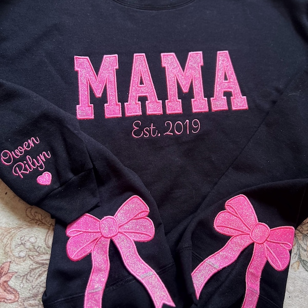 Mama Embroidered Glitter Bow Sweatshirt, Custom Kids Names Sleeve