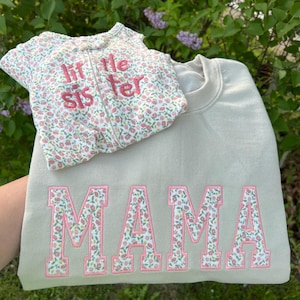 mama keepsake sweater, keepsake sweatshirt, embroidered mama, baby clothes keepsake, baby onesie keepsake, appliqué, mother’s day gift