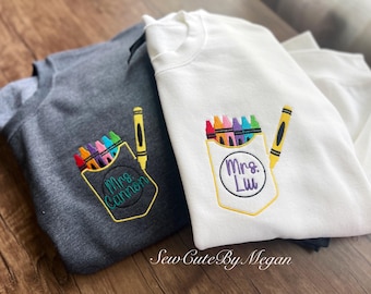 Personalized Teacher Sweater, Crayon Box Embroidered Shirt