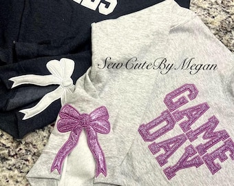 custom glitter word sweater, glitter bow sweater, personalized game day sweater, sweater with side bows. simple text