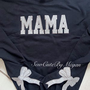 bow sweatshirt, viral side bow sweater, glitter bow, mama sweater, personalized sweater, bow crewneck, custom bow sweater image 10
