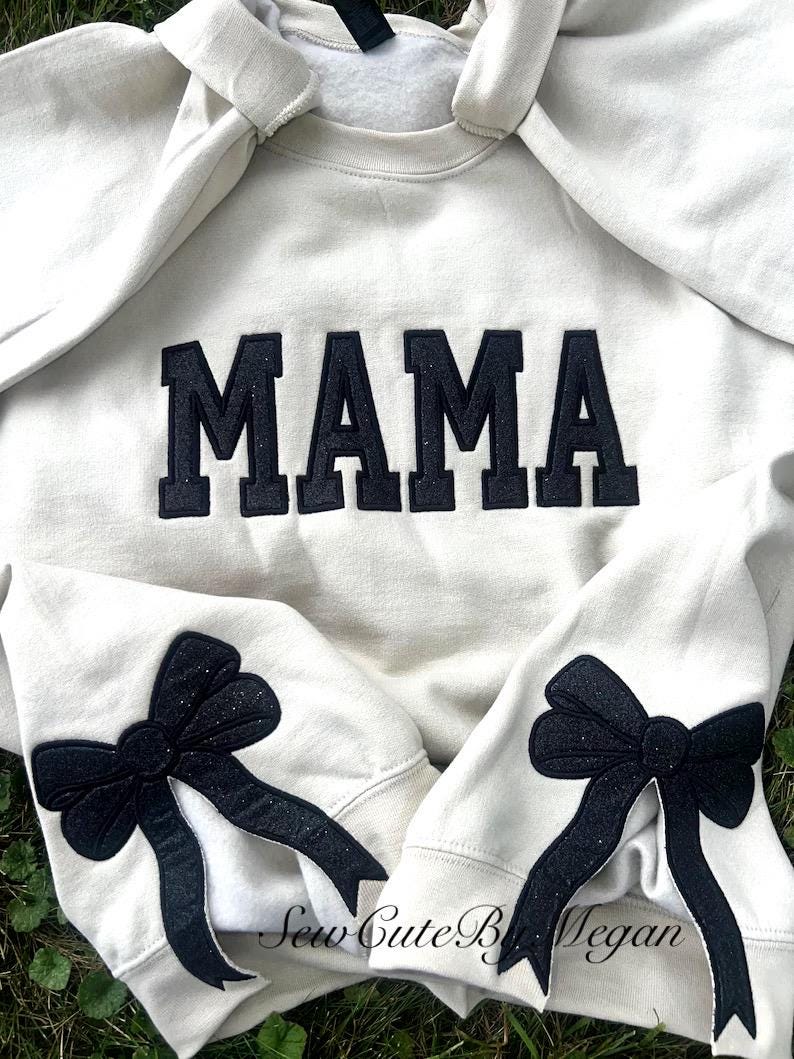 bow sweatshirt, viral side bow sweater, glitter bow, mama sweater, personalized sweater, bow crewneck, custom bow sweater image 3