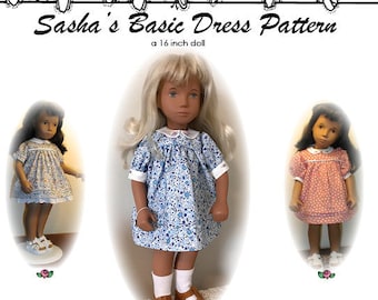 Puede incluir: Un patrón digital para un vestido de muñeca de 40,6 cm. El patrón incluye un cuello alto con ribete, un cuello de Peter Pan, una manga corta fruncida con puño y ropa interior. La falda fruncida presenta dos pliegues en el dobladillo. El patrón está ilustrado con una muñeca que lleva un vestido floral azul y blanco. El texto "Sasha's Basic Dress Pattern" está en la parte superior de la imagen.