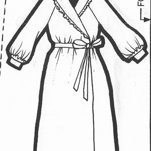 May include: Line drawing of a long-sleeved robe with a shawl collar and a bow at the waist. The robe has a flowing design with a belt and long sleeves. The collar and cuffs have a decorative trim.