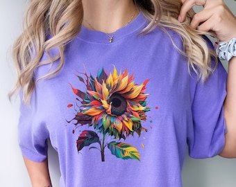 Camicia girasole, camicia botanica, camicia floreale, t-shirt da donna, colori confortevoli, regalo per lei, camicia a fiori, regalo per le donne, t-shirt grafica