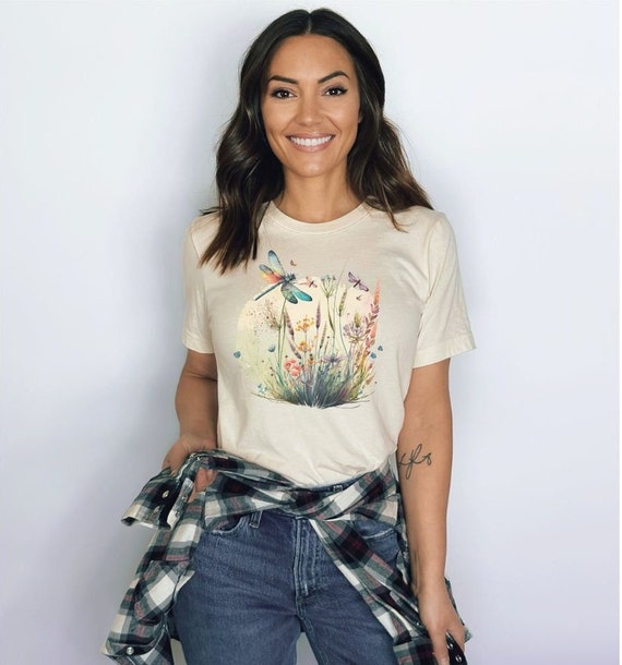 T-shirt fiori di campo e libellule, camicia di fiori di campo