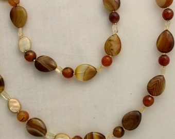 Botswana striped agate long necklace, corniola, mother of pearl and quartz