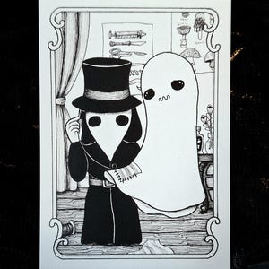 May include: A black and white illustration of a ghost helping a person in a black coat and top hat put on a plague doctor mask.