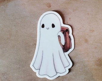 May include: A white ghost with a friendly face wearing a brown backpack. The ghost is a cartoon illustration.