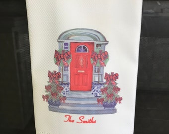 Personalized Kitchen Towel, Chinoiserie Image, Sublimated Image, Great Gift, Red Front Door