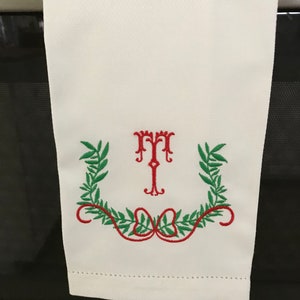 Embroidered personalized Christmas towel, white 100% huck cotton, festive green swag and red bow