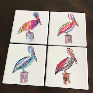 Coasters, Ceramic, Pelicans, Sea Life, Sublimated Design, Great Gift, Stylish Home Accessory, Colorful image 1