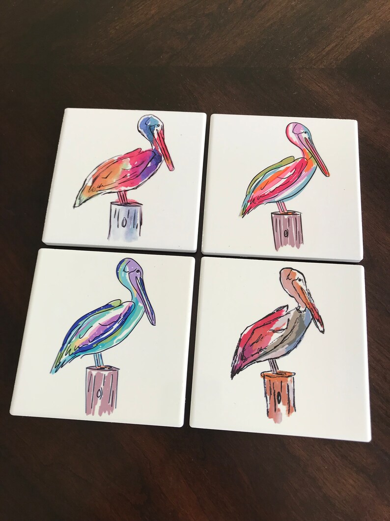 Coasters, Ceramic, Pelicans, Sea Life, Sublimated Design, Great Gift, Stylish Home Accessory, Colorful image 1