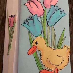 Carte Joyeuses Pâques canetons et tulipes par Cherie